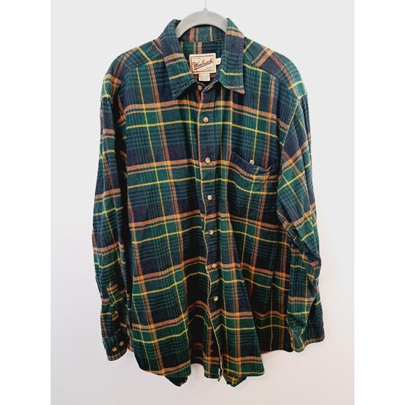 Woolrich Flannel Shirt Mens Large Button Up Green Plaid 100% Cotton - Picture 1 of 4